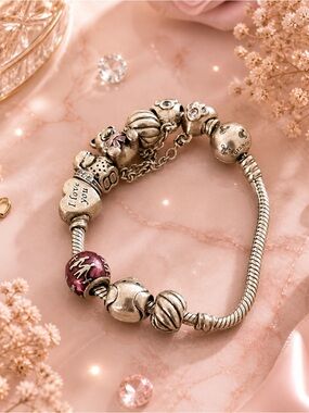Pandora Silver and Red Charm Bracelet